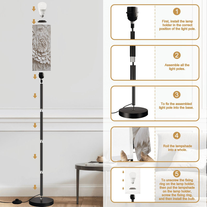 Lampe sur pied élégante à relief floral beige à intensité variable moderne avec télécommande et pédale, abat-jour, abat-jour haut, lampe de coin pour le salon, la chambre et le bureau