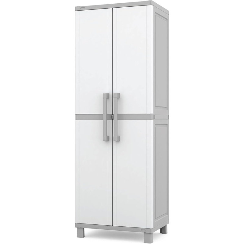 Armoire de rangement blanche et grise avec portes et tablettes pour l'organisation de la maison