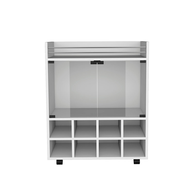 Chariot-bar avec support intégré pour 8 bouteilles, armoire à double porte vitrée et surface supérieure bordée d'aluminium
