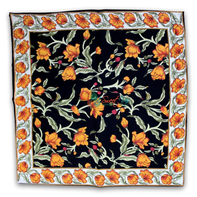 Blend Floral Square Set of Four Cotton Napkins, Orange/Black