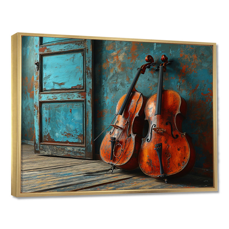 Deux violons dans une chambre bleue sarcelle rustique - musique, art mural, Toile avec cadre flottant or