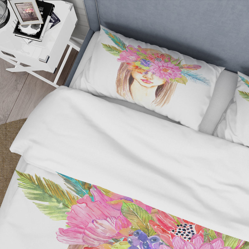 Portrait d'une jeune femme avec une couronne de fleurs - ensemble de housse de couette bohémien - microfibre de polyester