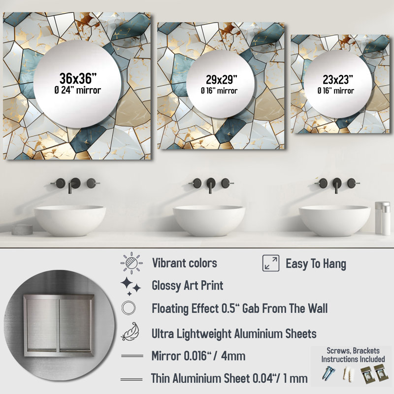Teal And Grey Marble Harmony - Modern Square Mirror Wall Decor For Bedroom, 29" x 29"
