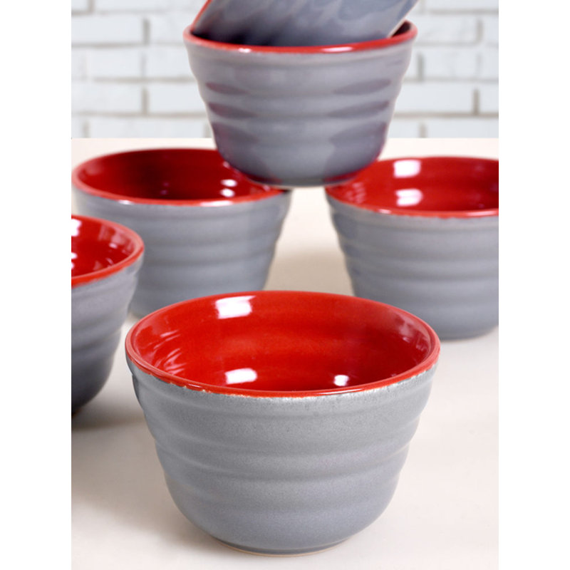 Ensemble de bols en céramique 6 pièces, gris et rouge | 100% céramique, 4,1 x 4,1 x 2,0 pouces | Antibactérien, facile à nettoyer, résistant aux chocs thermiques, va au lave-vaisselle et au micro-ondes, parfait pour le service et le mélange