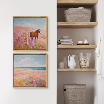 Colorful Horse Meadow Landscape Artwork, Living Room Pictures, Framed Canvas Giclee Print Wall Art