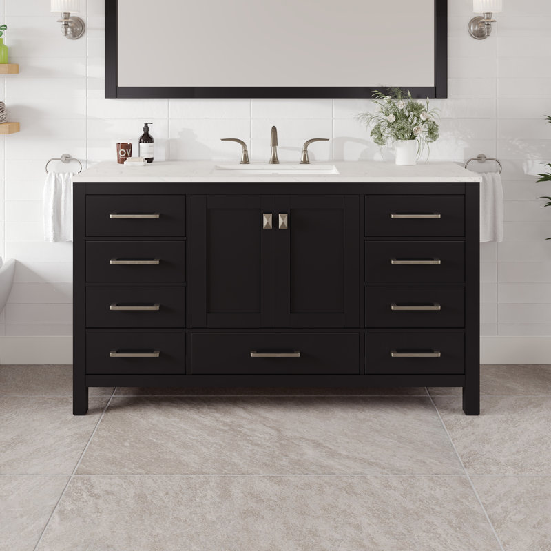 Minnich Meuble-lavabo de salle de bain espresso avec comptoir en quartz Carrara et lavabo encastré en porcelaine