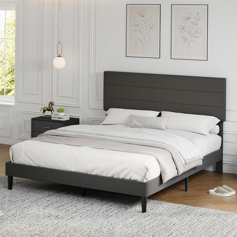 Cadre de lit avec tête de lit ajustable, cadre de lit plateforme tapissier moderne, Queen, Grey