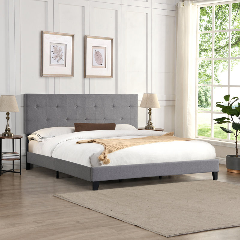 Upholstered Platform Bed Frame With Modern Button Tufted Linen Fabric Headboard, No Box Spring Needed, Wood Slat Support, Easy Assembly