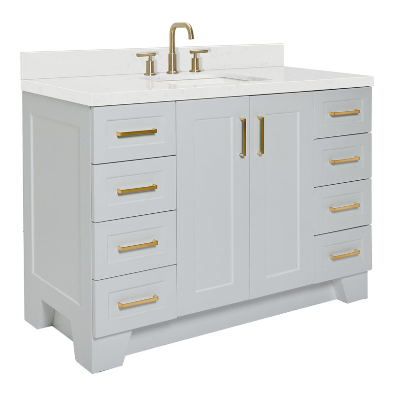 Freitas 48'' Solid Wood Single Bathroom Vanity, Carrara Quartz, Gray, Rectangle