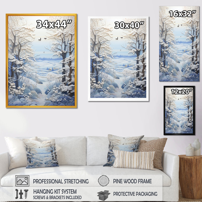 «White Winter Landscape Collage II», art mural paysage d'hiver, Cadre flottant blanc, 60" H x 28" W