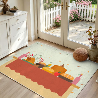 Tapis intérieur orange lavable à la machine, grand format, avec motifs de boissons et de fruits.