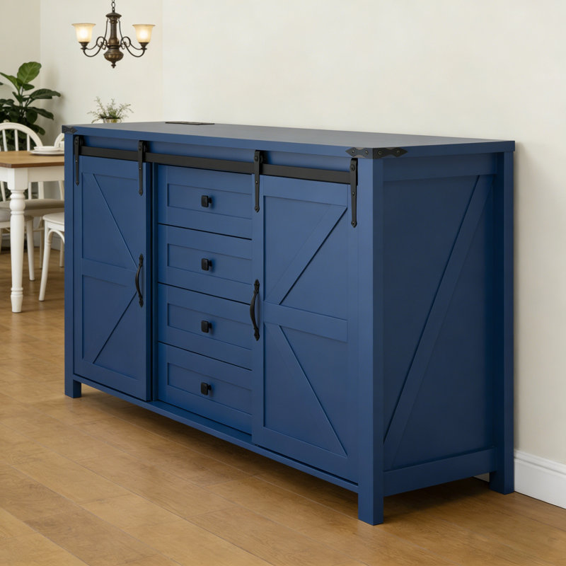 Buffet 55 po en bois de ferme avec portes de grange coulissantes et 4 tiroirs, armoire de rangement avec prise de courant