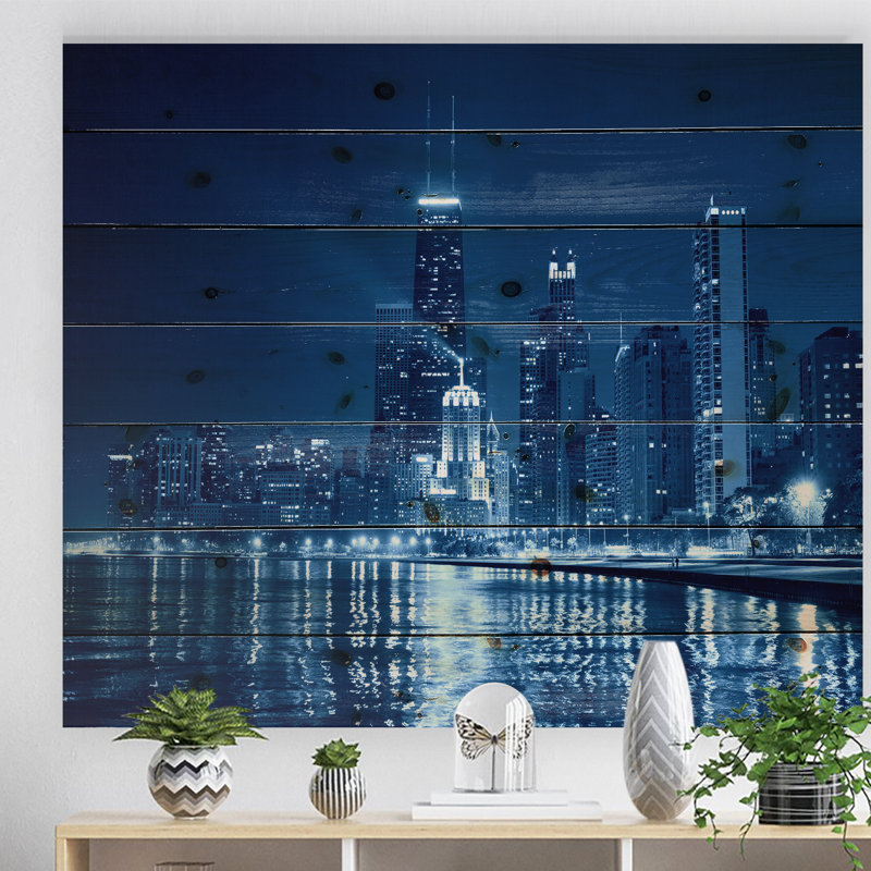 Photographie « chicago horizon night » Cityscape, H 15 po x l 20 po x P 1 po, Bois