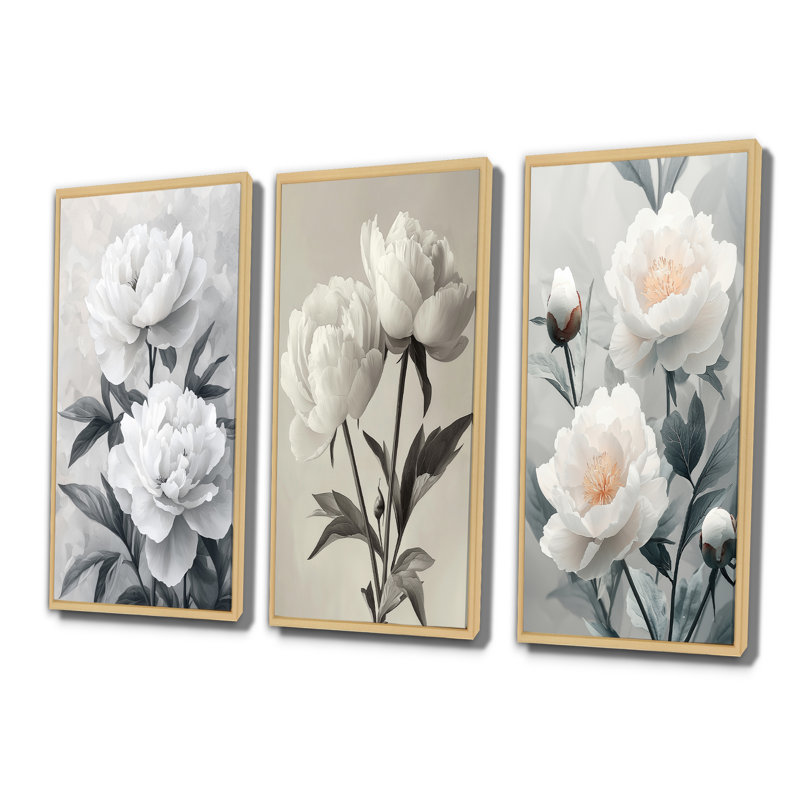 Pivoines monochromes à flou artistique - Collection de grandes décorations murales traditionnelles, H 40 po x l 60 po, Crème