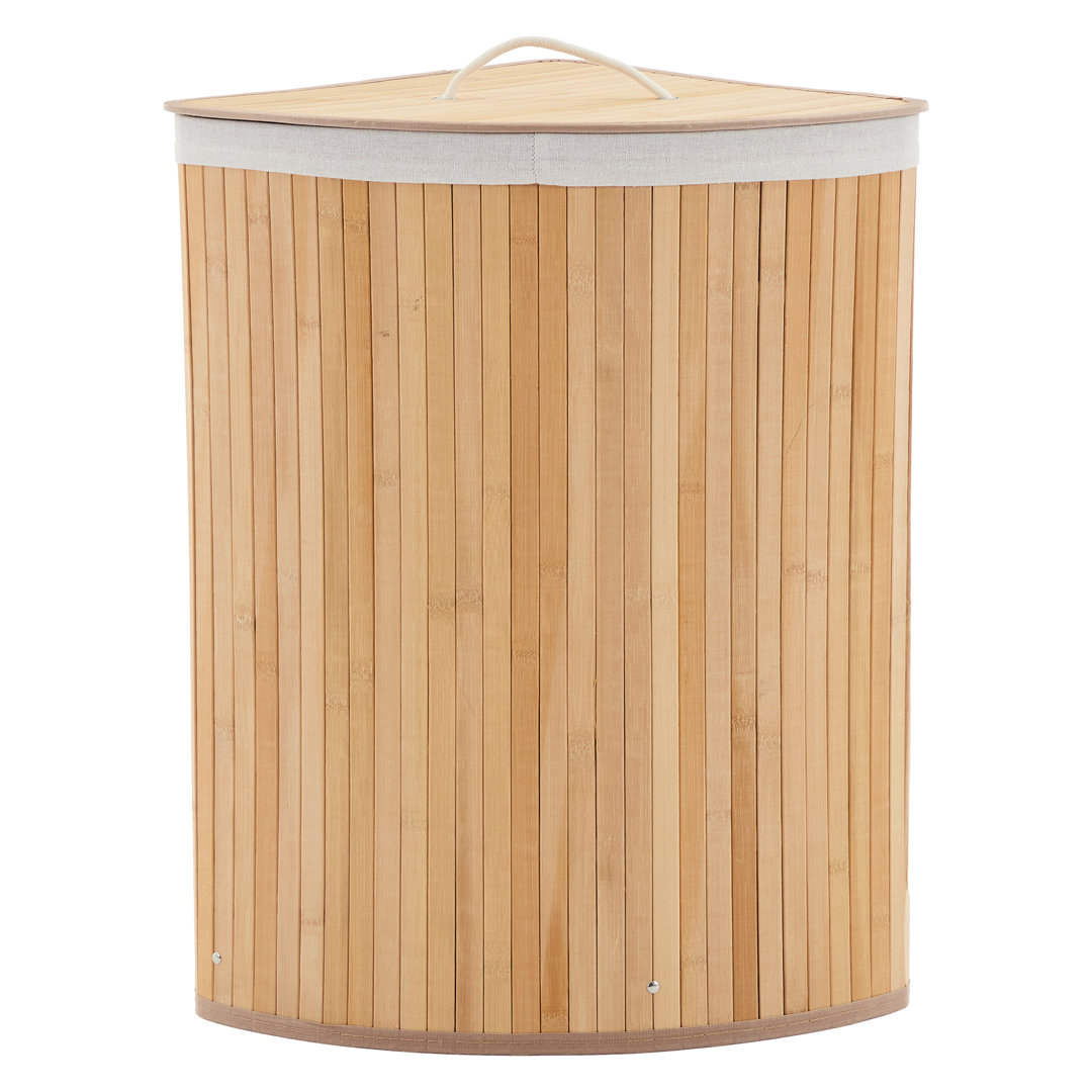 Space-Saving Corner Eco-friendly Laundry Hamper with Lid – 58L Large Collapsible Wicker Basket – Removable 2-Section Liner & Handles – Storage Bin for