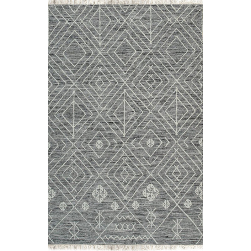 Gray Handwoven Wool Diamond Lattice Geometric Modern Contemporary Carpet Rug, 5' x 8'