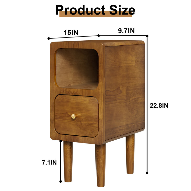  Solid Wood Nightstand - Narrow, With Drawers & Open Storage, Mid Century Modern Style For Bedroom, 9.7"D x 15"W x 22.8"H