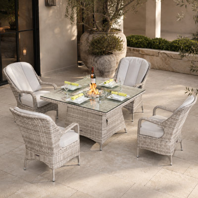 4 - Person Patio Dining Set with Square Fire Pit Table , Cushions Included