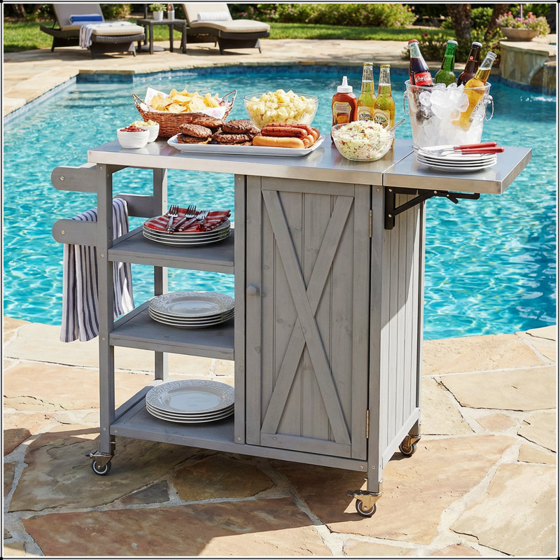 Îlot de cuisine pliable pour l'extérieur avec roulettes verrouillables, armoire de rangement et porte-serviettes pour l'extérieur et le patio, gris