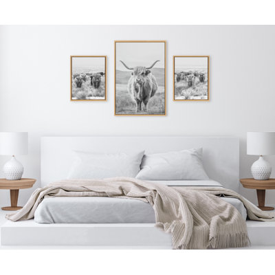Herd of Highland Cows BW Left and Right and Highland Cow Mountain Landscape Black and White by The Creative Bunch Studio Framed Canvas Wall Art Set