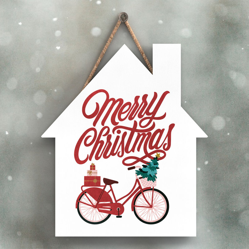 Xmas Merry Christmas Bicycle Wooden House Plaque, 18.5cm H x 16cm W x 0.9cm D