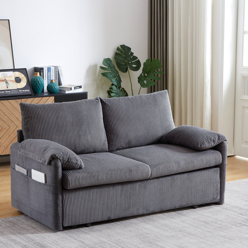 Lit convertible 31 po, avec design escamotable, revêtement en velours côtelé, 2 coussins et rangement latéral, canapé-lit réglable 31 po