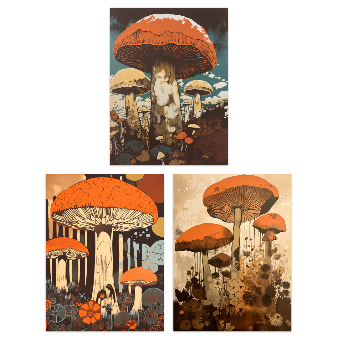 Earthy Orange Mushrooms Ceps Wild Edible Fungi Botanical - 3 Piece No Frame Print Set