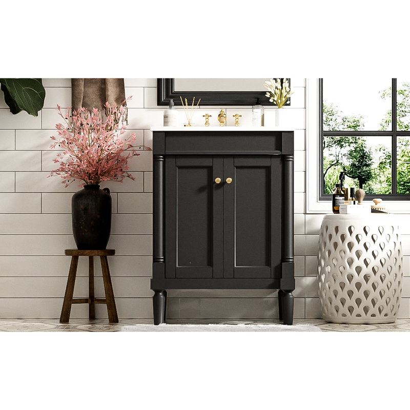 Armoire de salle de bain à simple cuve 24 po 24 po, finition noire, grande capacité de rangement moderne avec lavabo, 24 po, rectangulaire fonctionnel