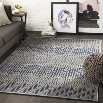 Tapis bleu foncé/gris d’inspiration mondiale Barclee