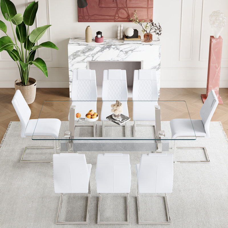 7-Piece Glass Top Dining Table Sets, Silver, White/Silver