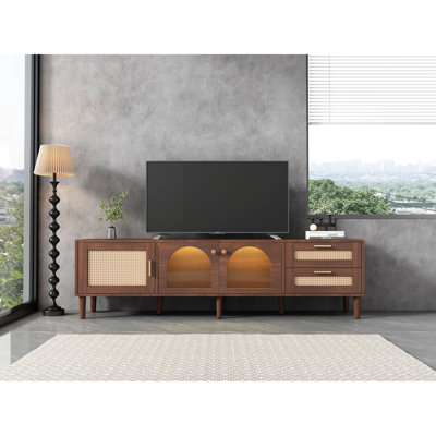 Meuble télé de 70 pouces avec éclairage DEL intégré, compatible avec les téléviseurs de 80 pouces, 2 tiroirs, rangement avec porte vitrée et centre lumineux magnétique.