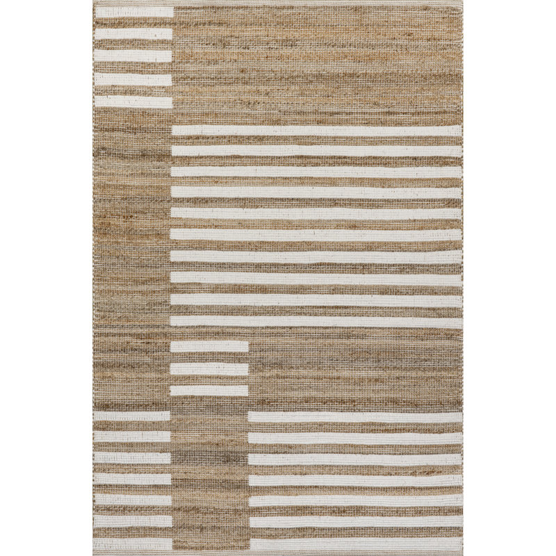 Natural Tan and White Striped Cotton Jute Rug, 4' x 6'