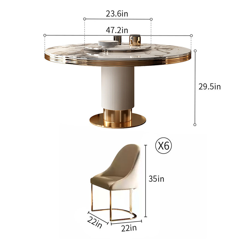 Ensembles de table de salle à manger légers et luxueux en faux marbre., H 29,5 po x L 47,2 po x l 47,2 po