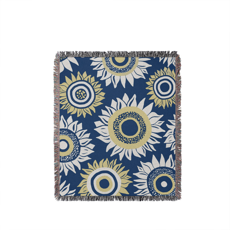 Jeté en coton Frannie Sunflowers, Bleu, 50 x 70