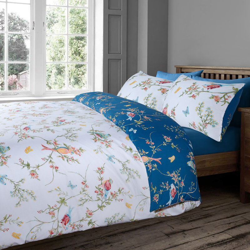 Rasheema Duvet Set, Super King - 3 Standard Pillowcases, Delicate Birds Floral, Navy/White