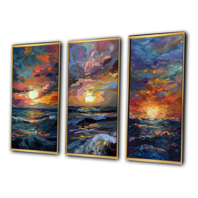 «Coastal Cloudy Sunset Contemplation Wild Waves», 3 pièces sur toile, Cadre flottant doré, H 20 po x l 36 po
