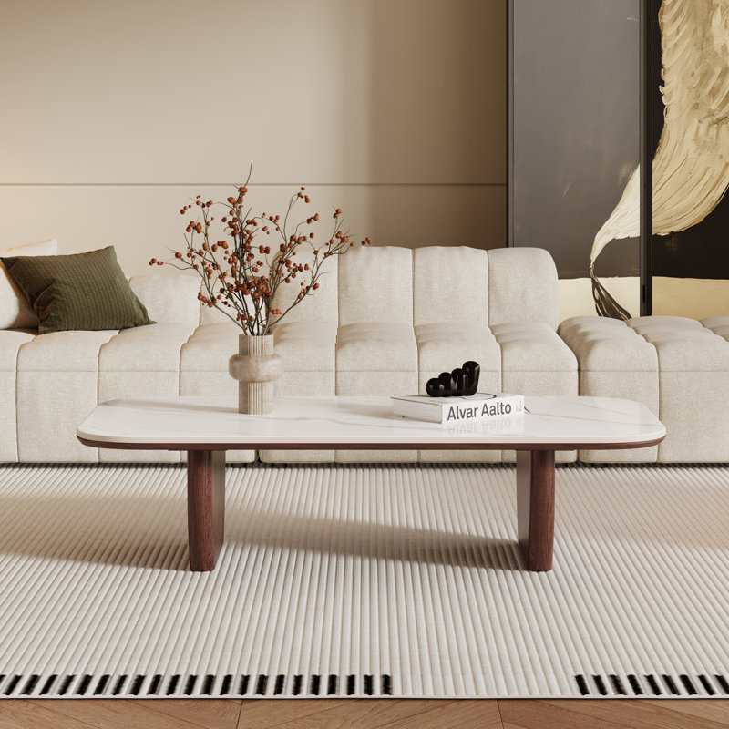 51.2" Rectangular Wood Coffee Table with Faux Marble Stone Top, Double-Layer Tabletop Design, Sturdy, White/Brown