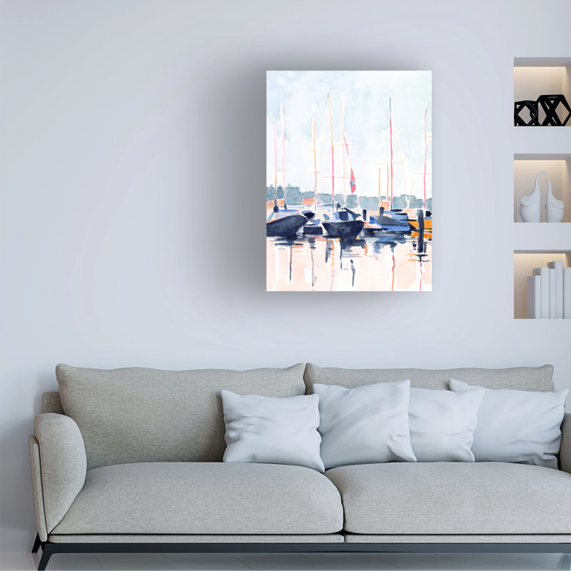«Watercolor Boat Club II» par Emma Scarvey - peinture sur toile tendue, H 19 po x l 14 po x P 2 po