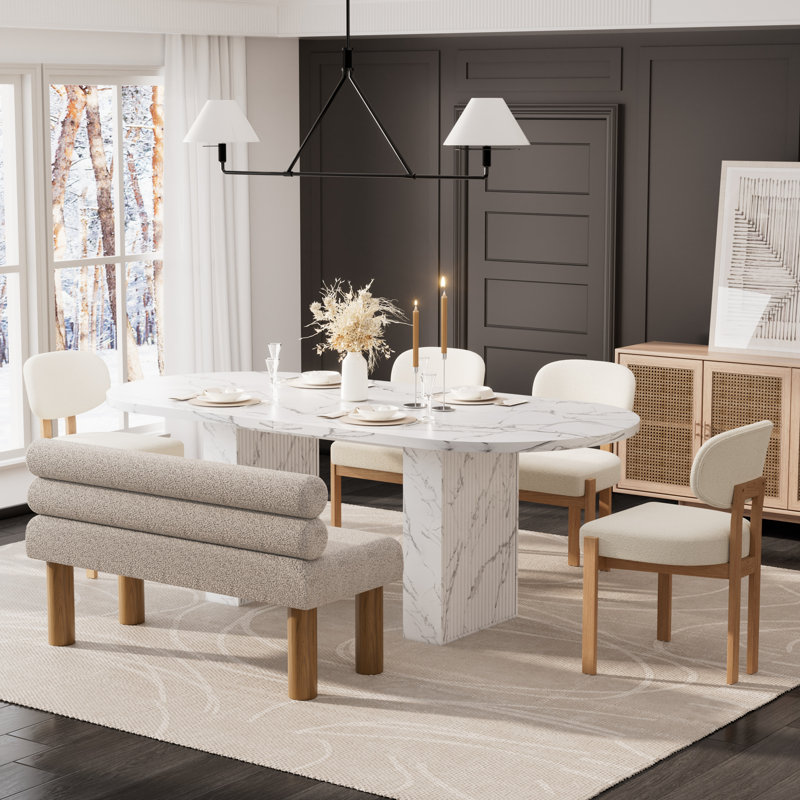 Ensemble de table de salle à manger Lavisha, 6 Pieces: Table, 4 Chairs, Bench, White, Beige