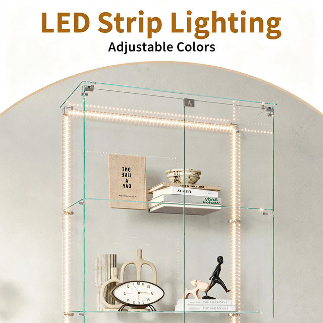5‑Tiers Glass Display Cabinet with Lighting, White, RGB LED Strip
