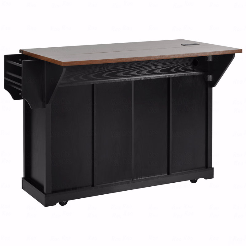 58" Farmhouse Kitchen Island With Storage, Sliding Barn Door And Metal Grid Side Door, Rolling Kitchen Island On 5 Wheels With Spice Rack, Glass Holders,Island Table With Drop Leaf