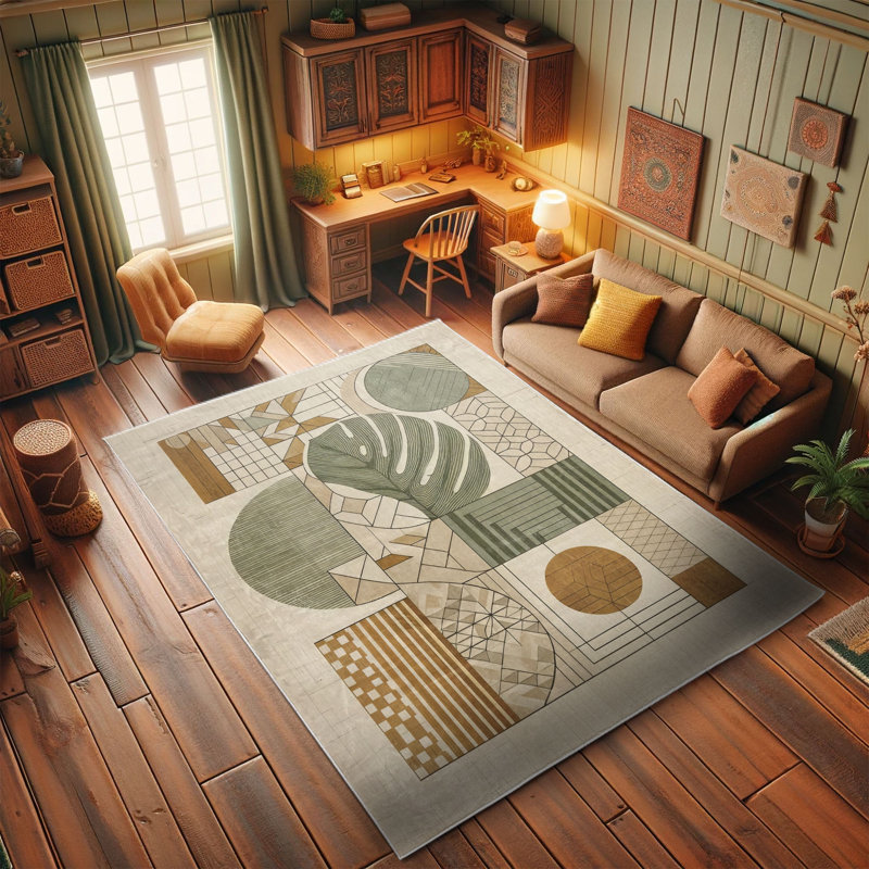 Geometric Green and Tan Synthetic Area Rug 2'3" x 3'9"