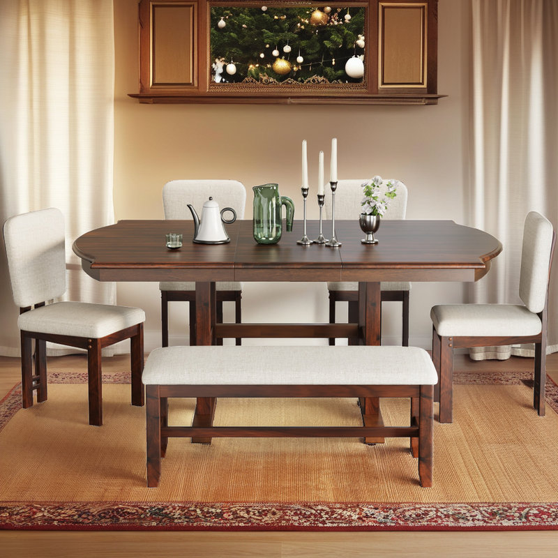 6-Piece Extendable Dining Set with Curved Tabletop & Bench Seating