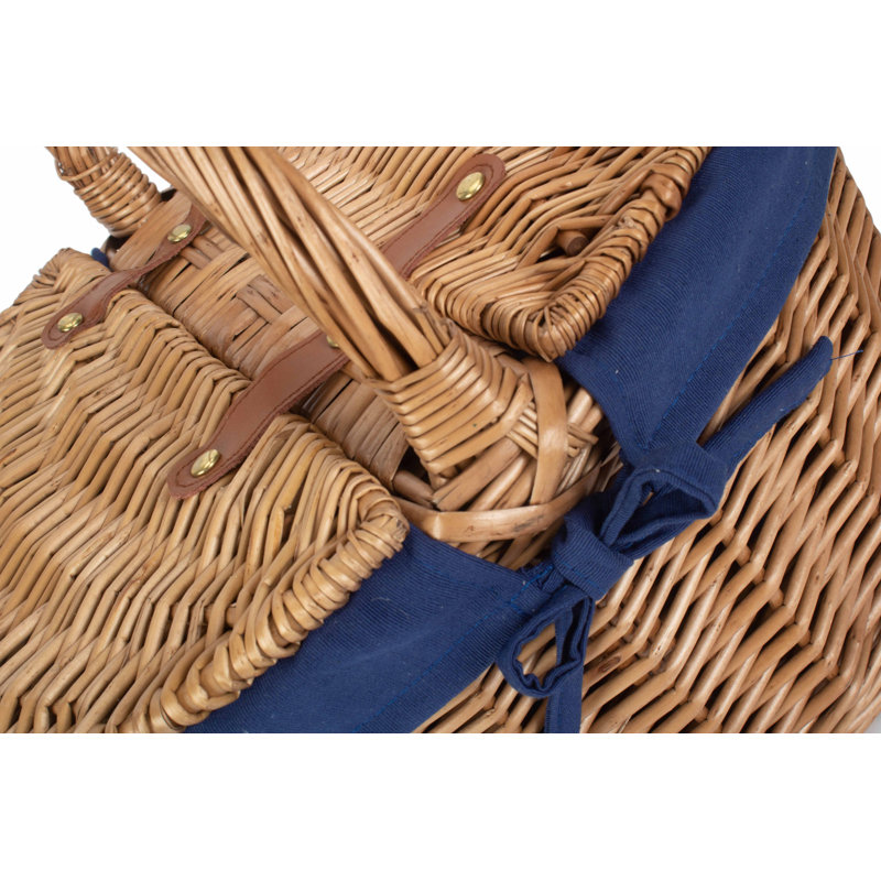 Wicker Lidded Picnic Hamper Basket with Lining, Double Steamed/Navy Blue