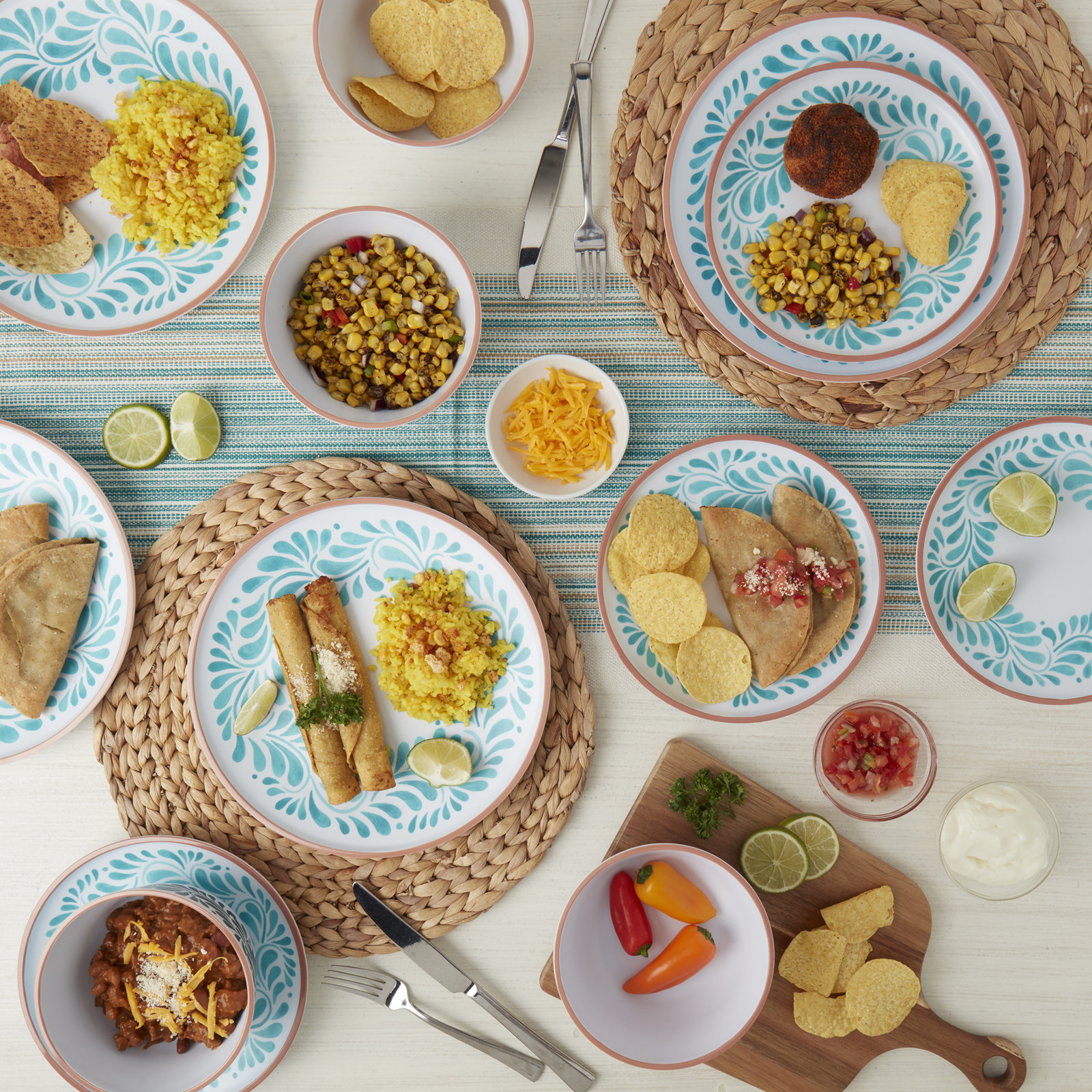 Lebrillo Dinnerware Set, White/Aqua