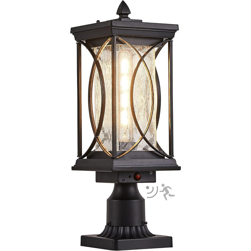 Outdoor Post Lantern Dusk To Dawn Pillar Lamp With 3 Inch Pier Mount Adapter, Black Pole Light Aluminum With Crackle Glass Motion Outdoor Post Lights For Patio, Yard, Garden, Pathway