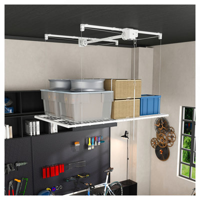 Étagère de rangement blanche pour garage 4 x 8 pi pour plafonds hauts de 10 à 12 pi, fabrication entièrement en acier d'une capacité de 350 lb avec verrou de sécurité (installation requise, organisateur de garage robuste)