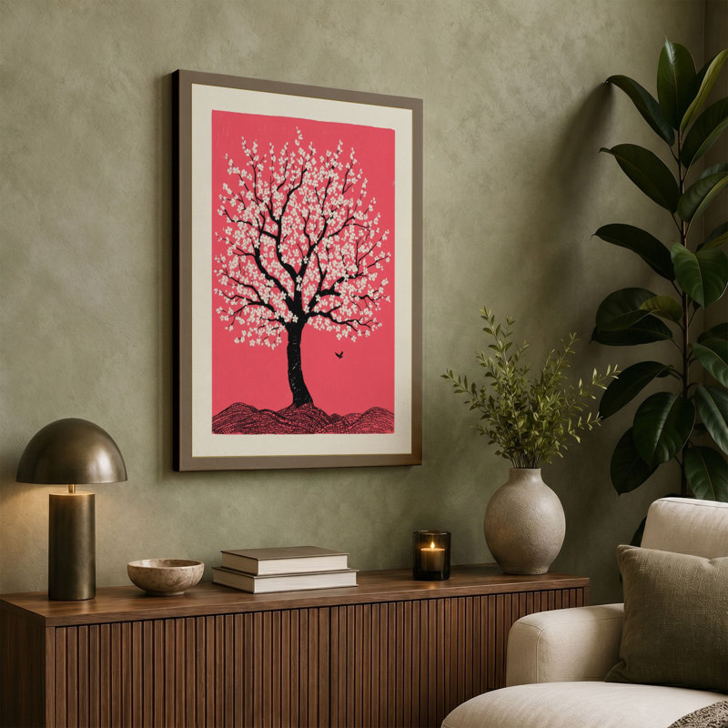 Blossom Tree and Bird Botanical - Wrapped Canvas, 18x12 - 45.7 x 30.5 cm, Taupe Border