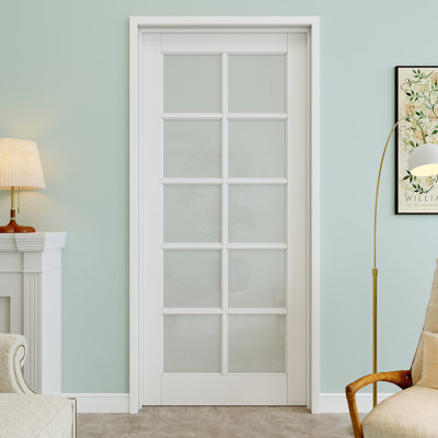 Porte pré-suspendue en verre givré 10-Lite 36 po x 80 po avec charnières noires, dalle de porte d'intimité en verre, à peindre et imperméable, combinaison pour la lessive, portes de placard, portes de pièce, droite