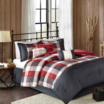 Édredon très grand à chevrons 7 pièces avec imprimé à carreaux rouge Buffalo 2 taies décoratives, 3 coussins décoratifs, jupe de lit